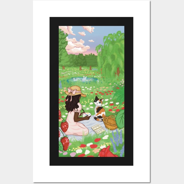 cottagecore illustration girl and cat picnic meadow Wall Art by maoudraw